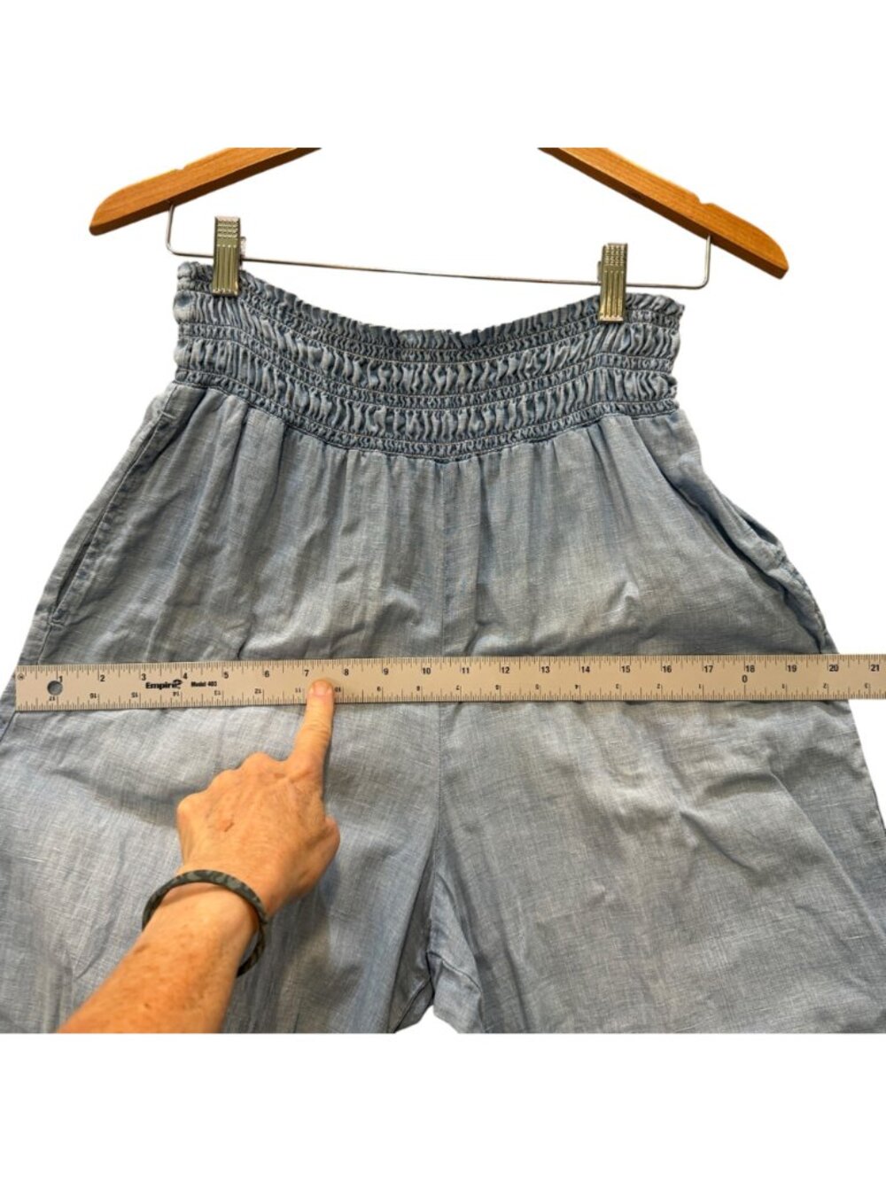 Wide-Leg Linen Women's Pants M Smocked Waist Pull-On Boho Lightly Faded Blue - Picture 8 of 12